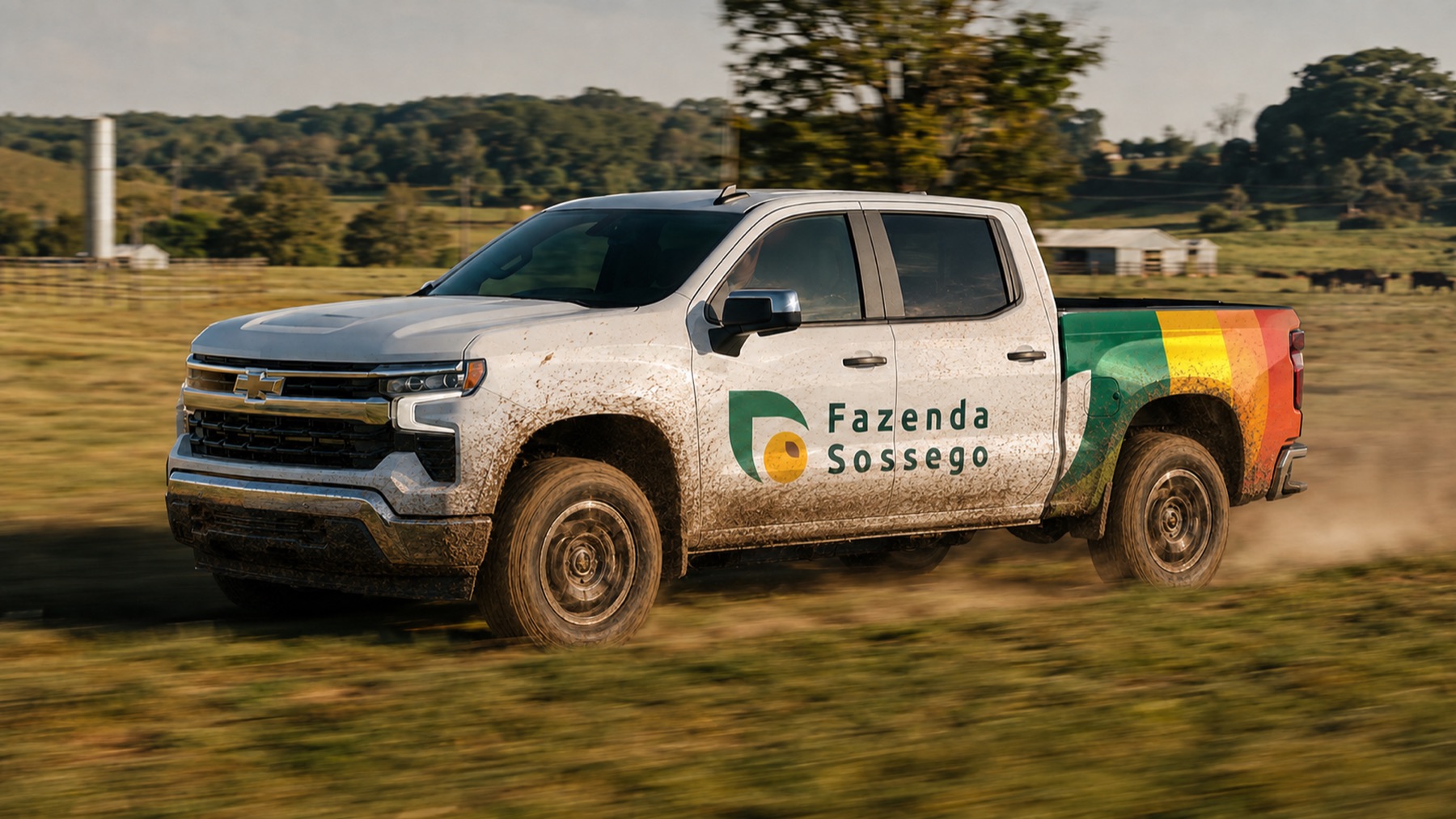 Fazenda Sossego branded pickup truck in the field